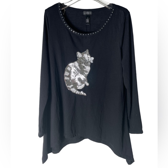 Karen Brooks High Low Hem Scoop Neck Blouse
Rhinestones Silver Sequin Cat 1X - Picture 1 of 9